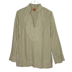 Tory Burch 100% Linen Tunic Top 6 Embroidered Mandarin Collar Natural *flaw
